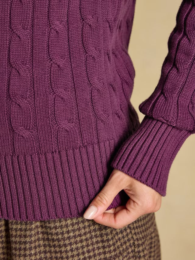 Joules Purple Berry Classic Crew Neck Cotton Cable Knit Jumper