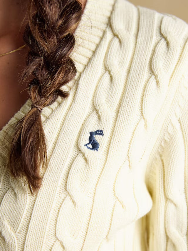Joules Cream Classic V-Neck Cotton Cable Knit Jumper