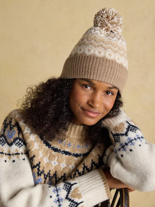 Kara Neutral Fairisle Bobble Beanie Hat