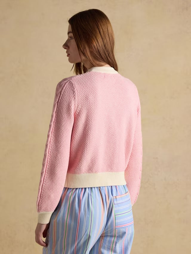 Joules Pink V-Neck Cotton Cable Knitted Cardigan