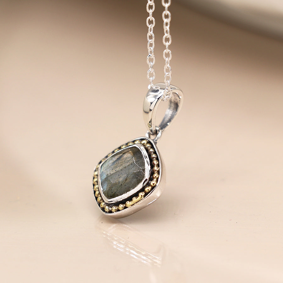 POM  Labradorite Sterling Silver Necklace with Brass Dotted Border
