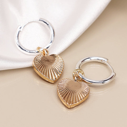 Sleeper Hoop Earrings with Faux Gold Textured Heart Drops
