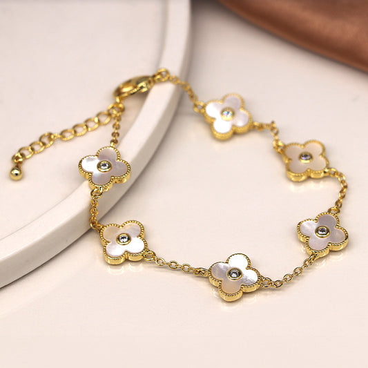 Faux Gold Plated Quarter-foil With Crystal Centre Link Bracelet