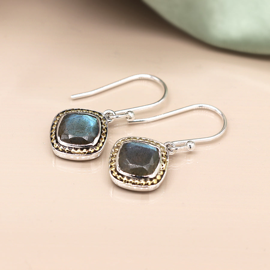 POM  Labradorite Sterling Silver Earrings with Brass Dotted Border