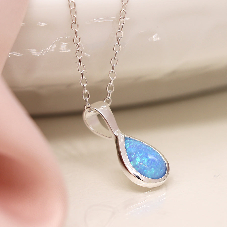 POM Sterling Silver Round Synth Blue Opal Teardrop Pendant Necklace
