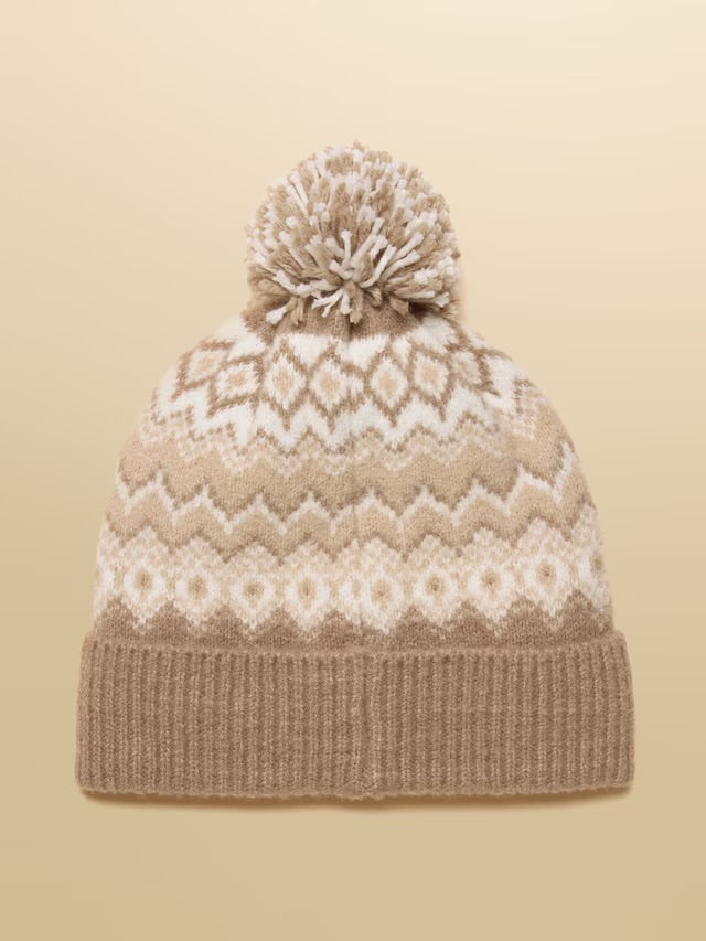 Kara Neutral Fairisle Bobble Beanie Hat