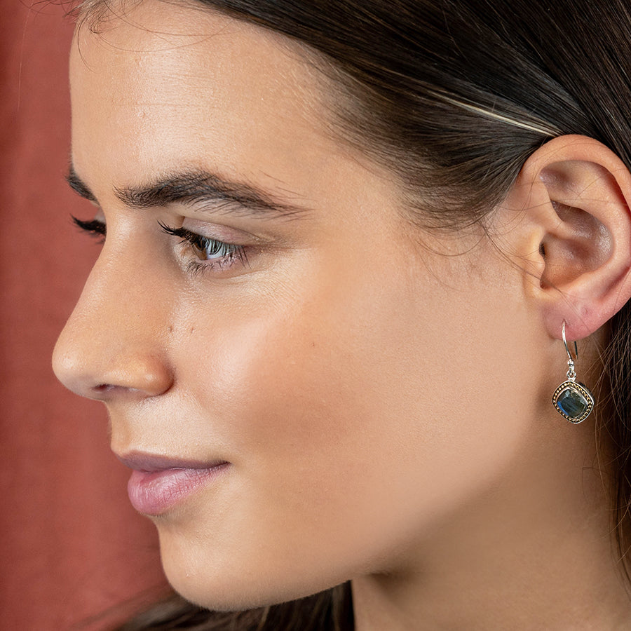 POM  Labradorite Sterling Silver Earrings with Brass Dotted Border