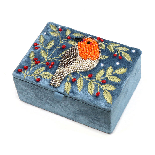 POM Dusky Blue Velvet Jewellery Box with Robin