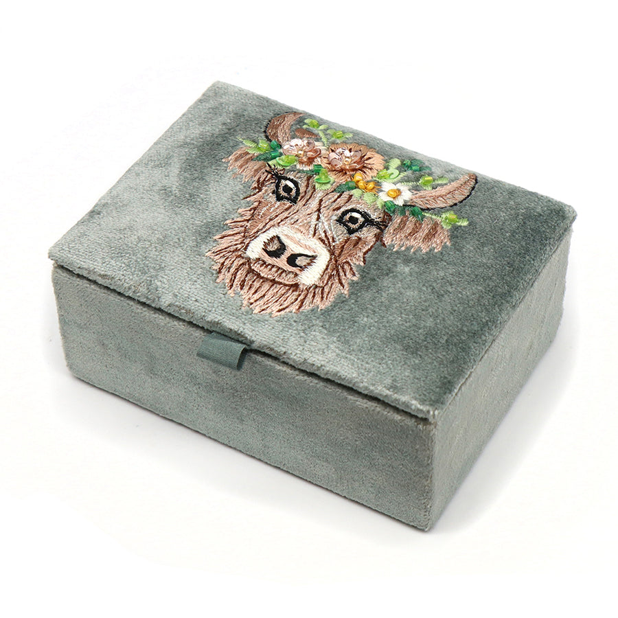 POM Dusky Blue Velvet Jewellery Box with Highland Cow