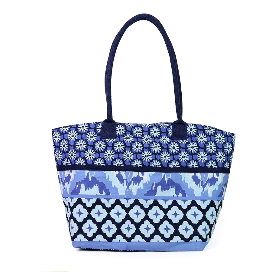 POM Blue Mix Floral Tile Print Beach Bag