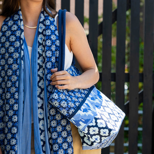 POM Blue Mix Floral Tile Print Beach Bag