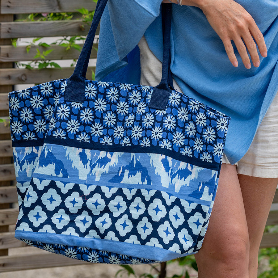POM Blue Mix Floral Tile Print Beach Bag
