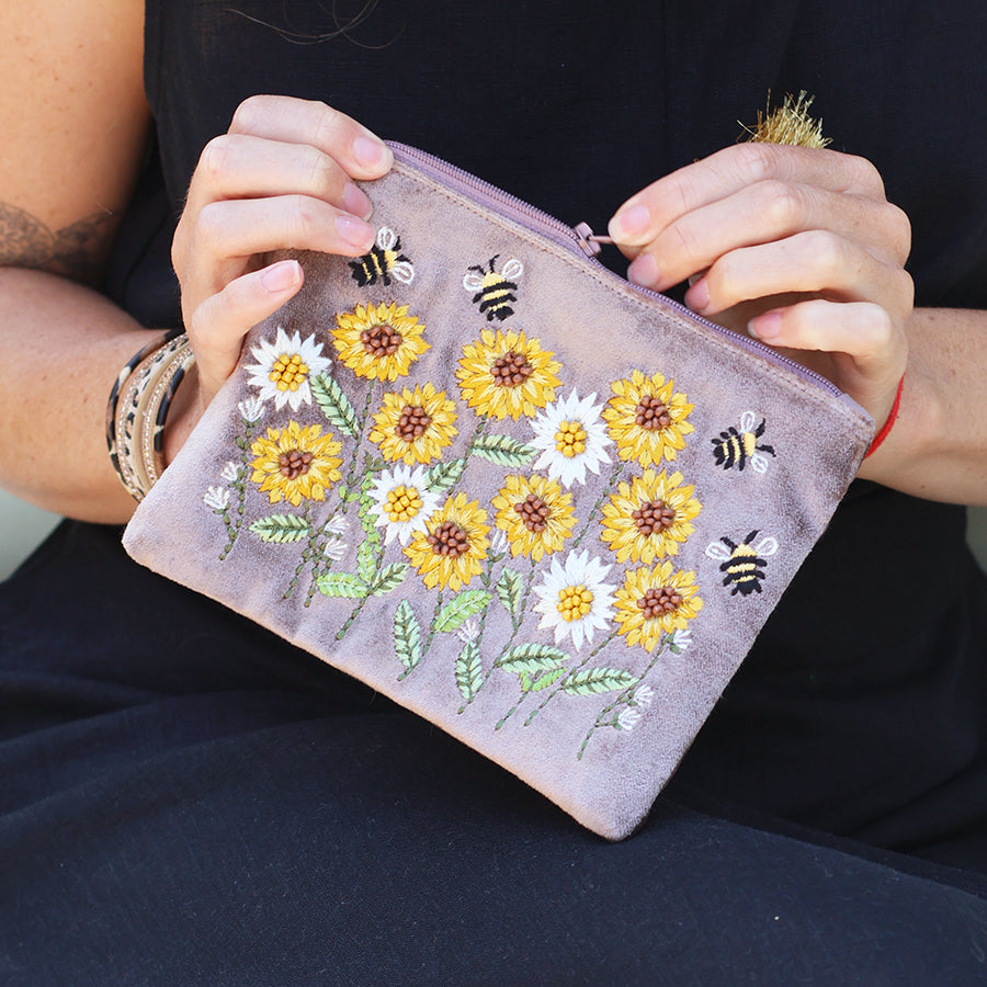 POM Cocoa Velvet Sunflowers Zip Purse