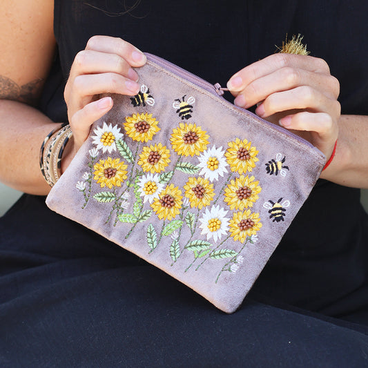 POM Cocoa Velvet Sunflowers Zip Purse