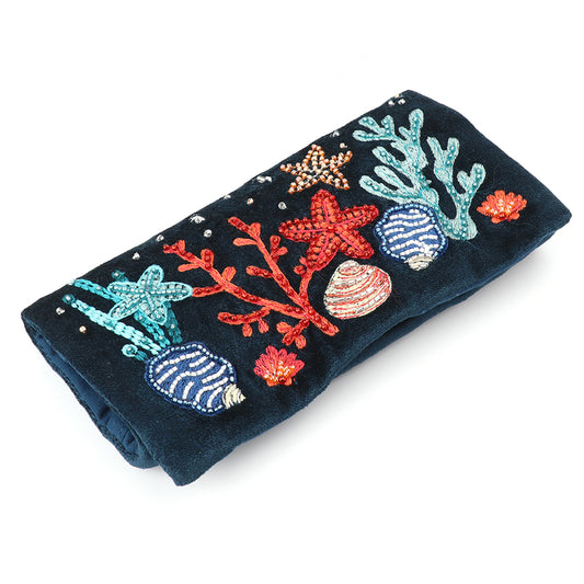 POM Navy velvet Embroidered Sealife Jewellery Roll