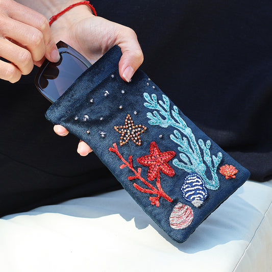 POM Navy Velvet Sealife Embroidered Glasses Case