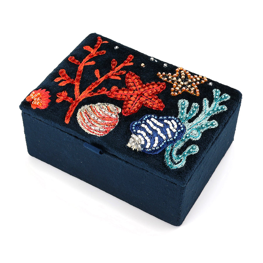 POM Navy Velvet Sealife Embroidered Jewellery Box