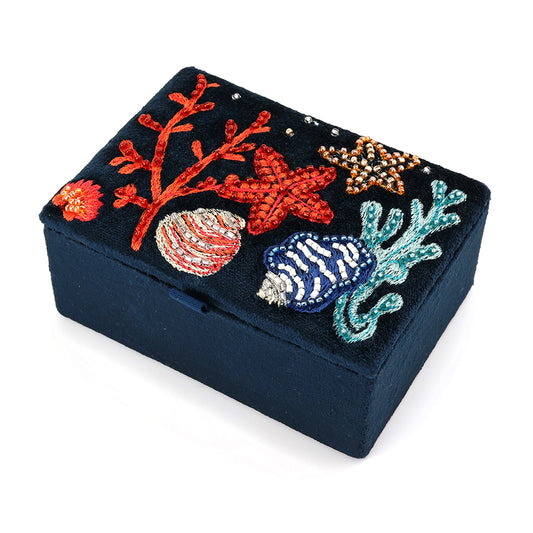 POM Navy Velvet Sealife Embroidered Jewellery Box