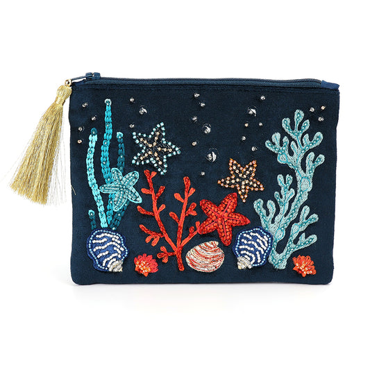 POM Navy Velvet Sealife Embroidered Zip Purse