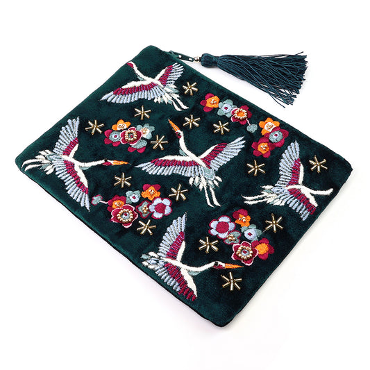 POM Teal Embroidered Velvet Purse with Cranes