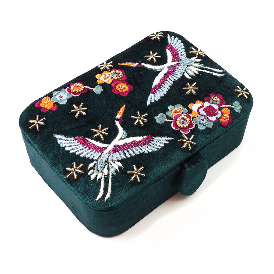 POM Teal Embroidered Jewellery Box with Cranes