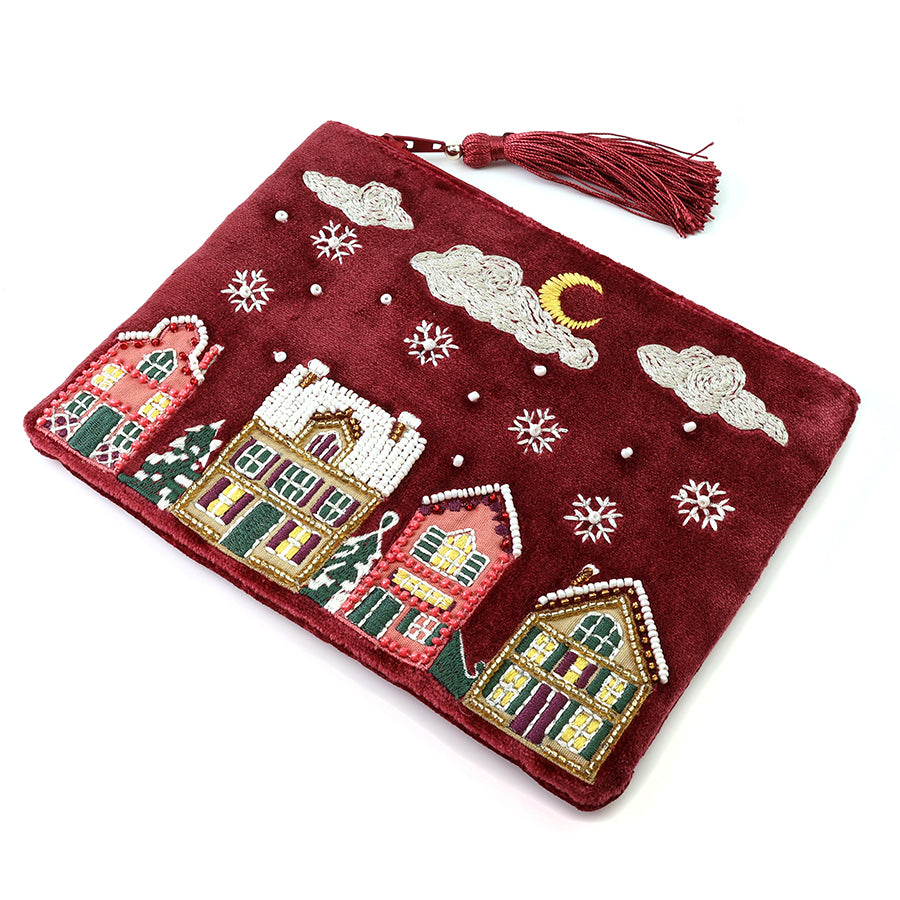 POM Wine Embroidered Velvet Purse with Winter Street