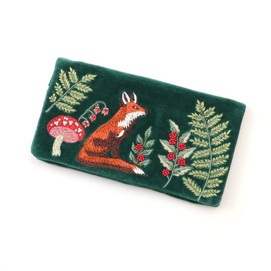 POM Green Velvet Embroidered Festive Fox Jewellery Roll