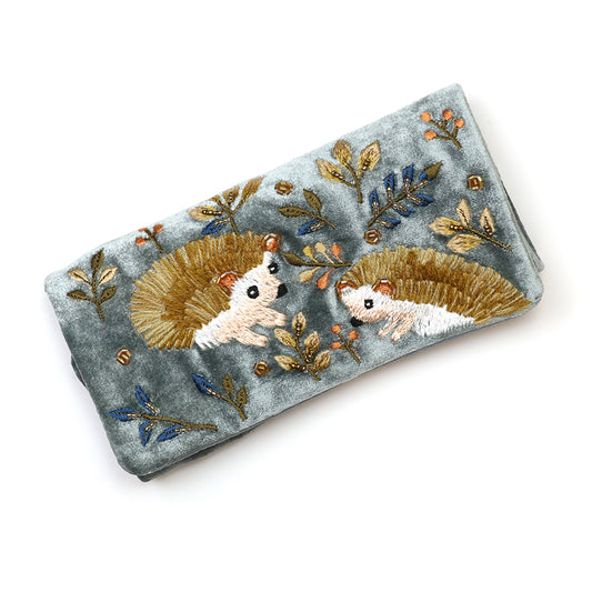 POM Blue Velvet Embroidered Hedgehogs Jewellery Roll