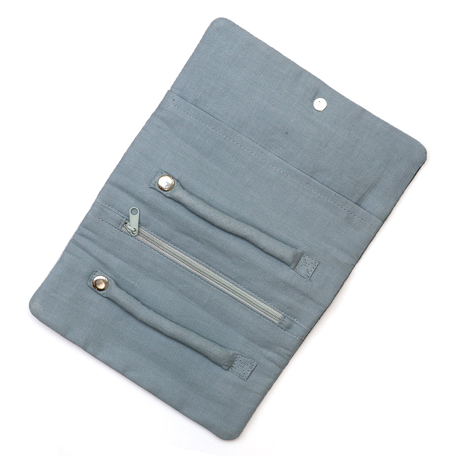 POM Blue Velvet Embroidered Hedgehogs Jewellery Roll