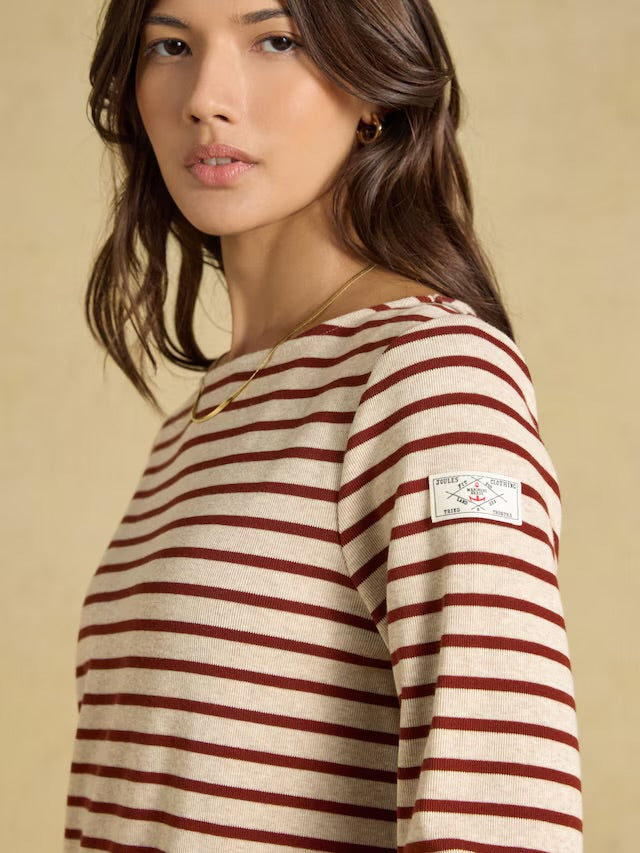 Joules Harbour Oat Marl & Russet Long Sleeve Striped Boat Neck Breton Top
