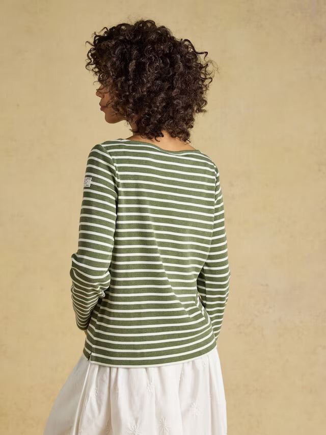 Joules Harbour Khaki Marl & Cream Stripe Long Sleeve Striped Boat Neck Breton Top
