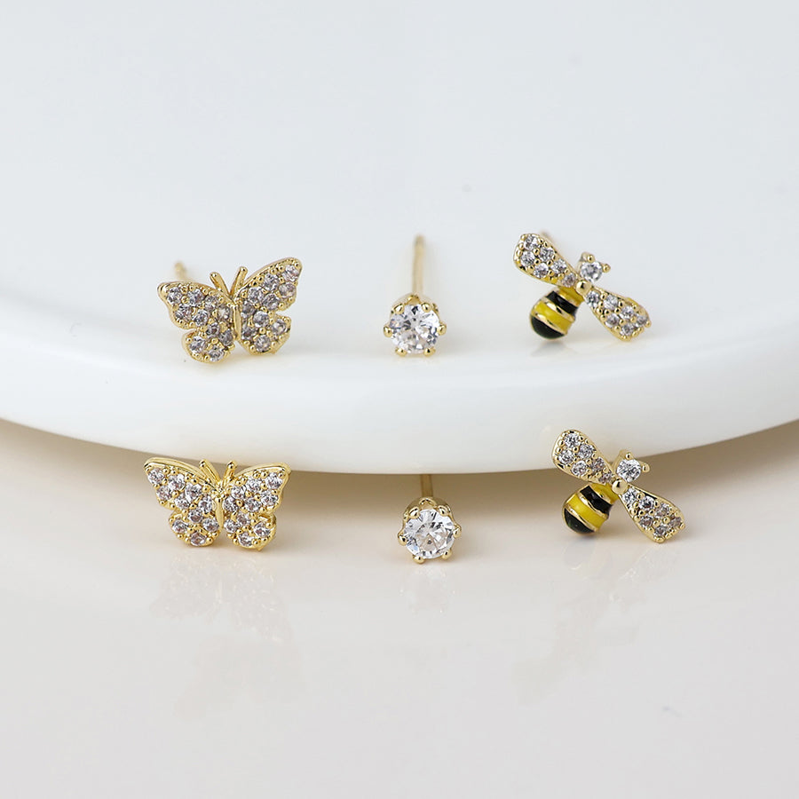 POM Golden butterfly, bee and crystal earring set