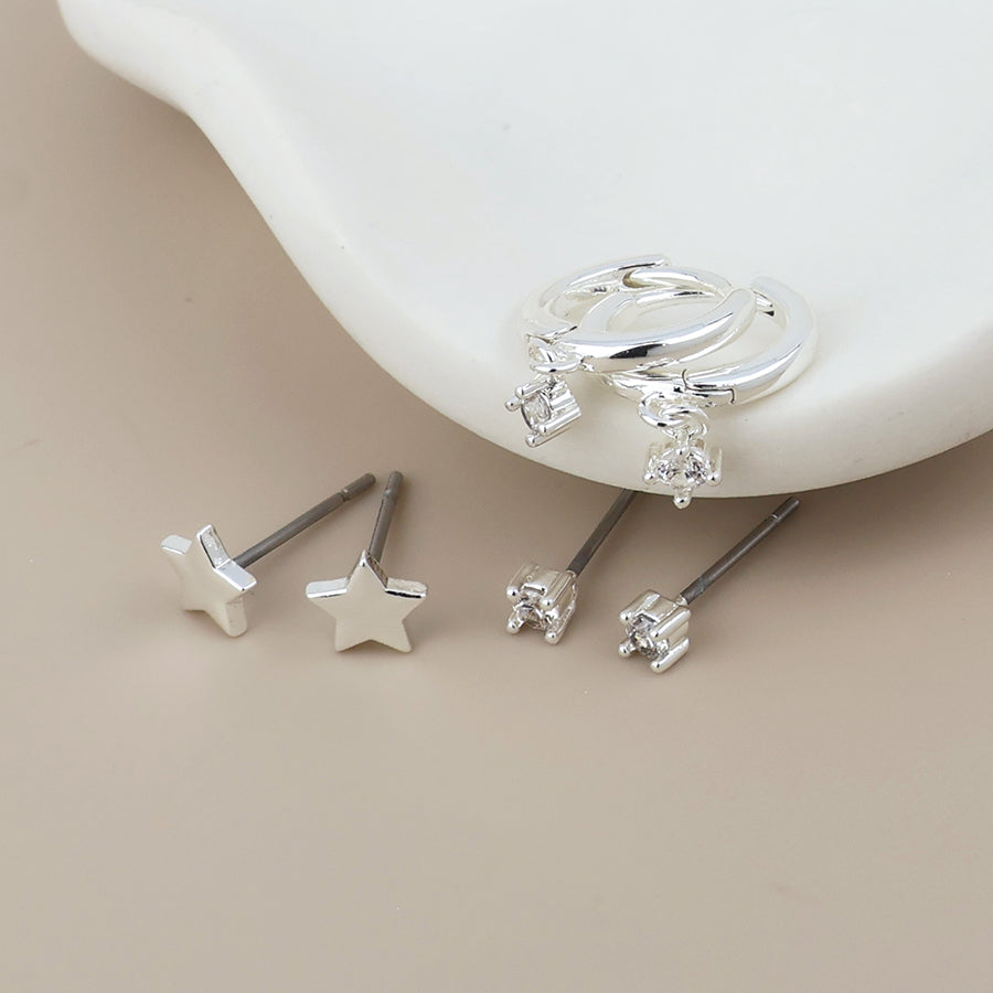 POM Nat silver plated star, hoop and crystal triple earrings set