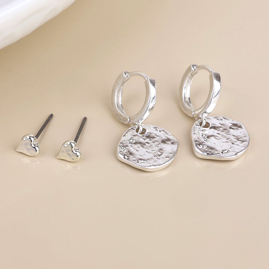 POM Solstice Silver textured disc drop hoop and heart stud earring set