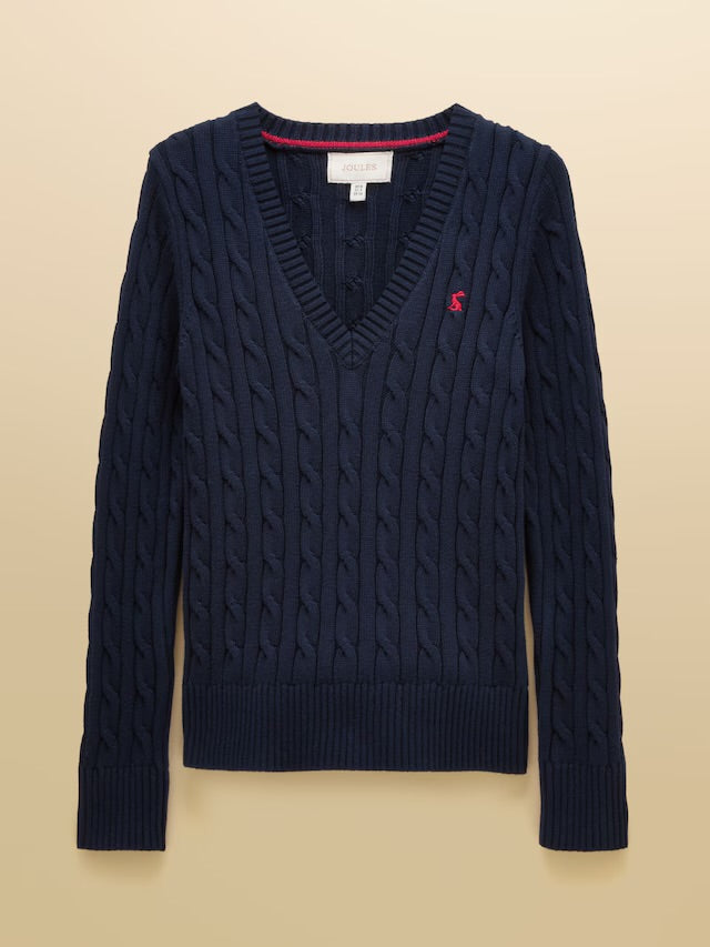 Joules Navy Classic V-Neck Cotton Cable Knit Jumper