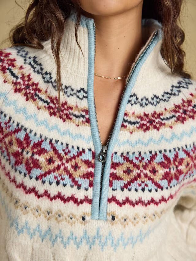 Joules Cream Cable Allaway Knit Fair Isle Half Zip Jumper