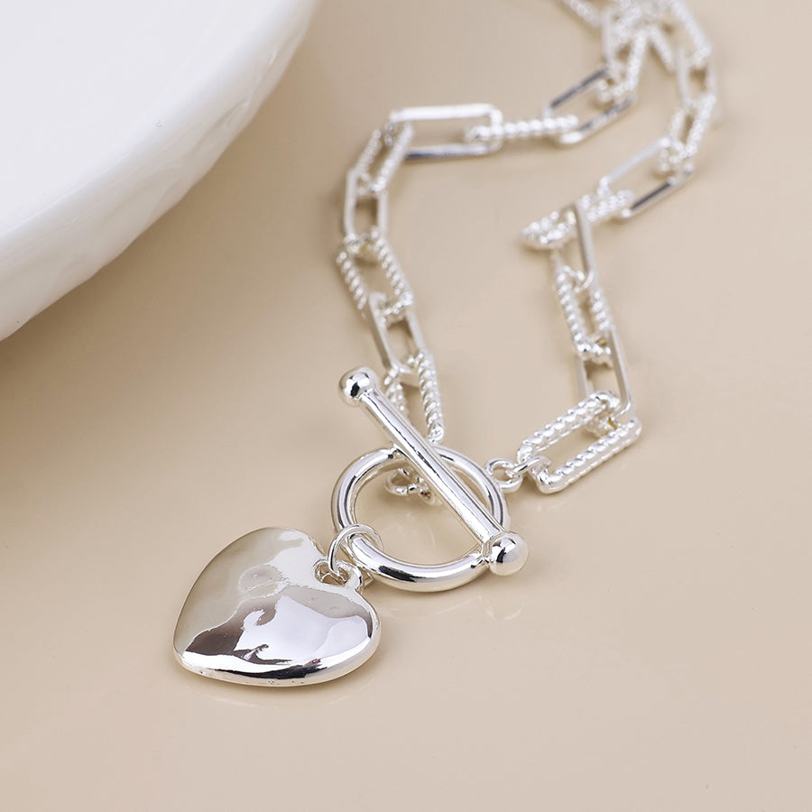 POM Foundry silver plated heart and t-bar necklace with twist links