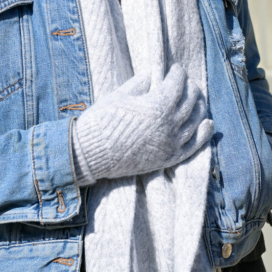 POM Charlotte Recycled Blend Cable Knit Gloves in Grey Marl