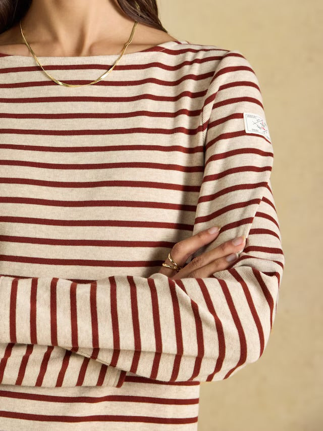 Joules Harbour Oat Marl & Russet Long Sleeve Striped Boat Neck Breton Top