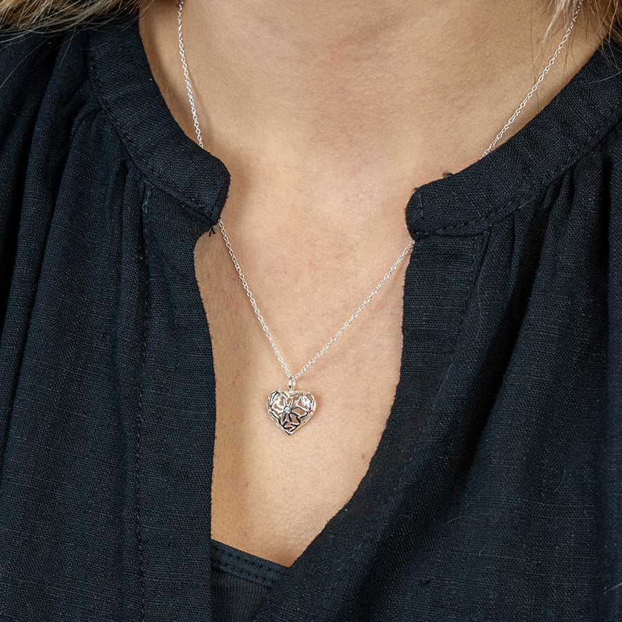 POM Sterling Silver Jali Heart Necklace with Crystal