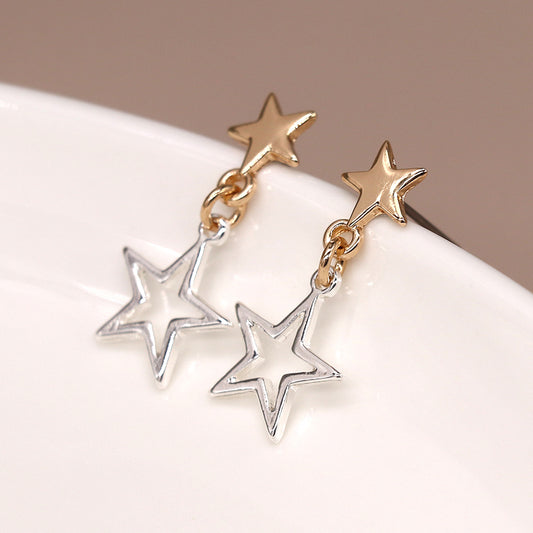 Silver Plated/Faux Gold Star Double Drop Earrings