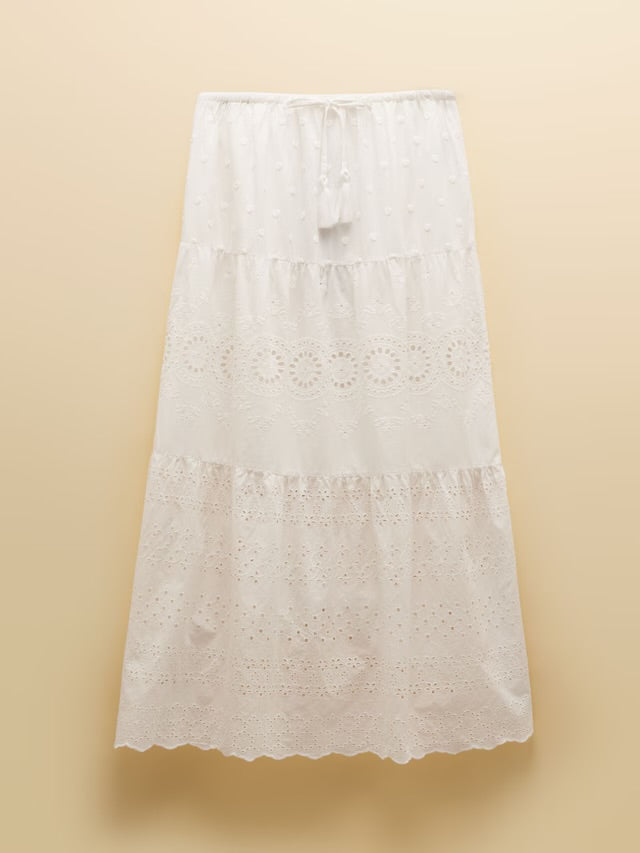 Joules Broderie Tiered White Maxi Skirt