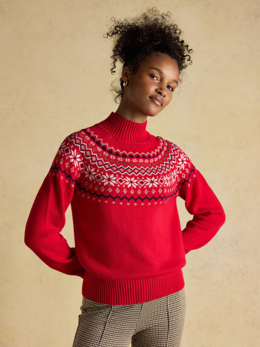 Joules Alba Red Fairisle High Neck Cotton Blend Jumper