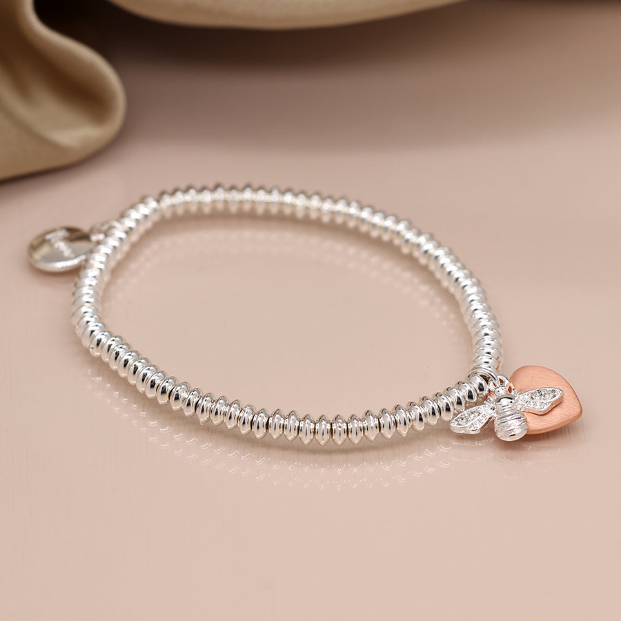 Oval Bead Bracelet with Bumblebee and Rose Gold Heart
