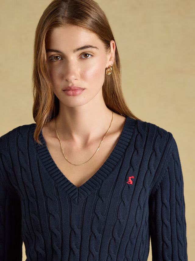 Joules Navy Classic V-Neck Cotton Cable Knit Jumper