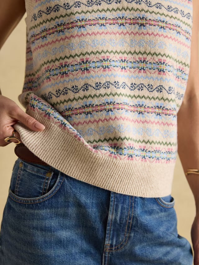Joules Islay Cream V Neck Fairisle Cotton Rich Vest