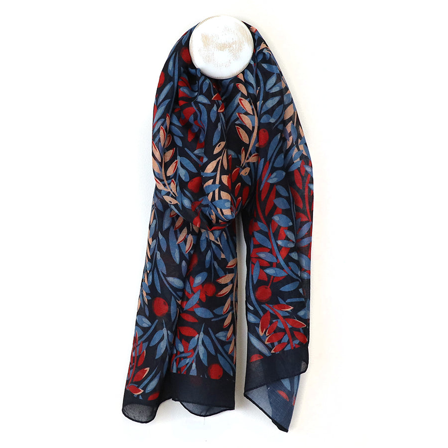 POM Recycled blend blue and red mix layered leaf print scarf