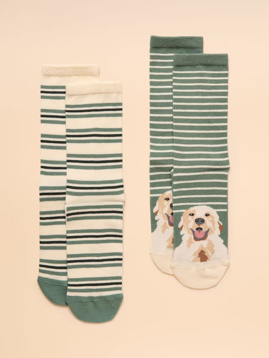 Joules Everyday Green/Ecru 2 Pack Socks