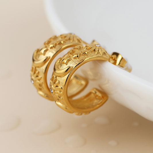 POM Waterproof gold plated moon, star and sun hoop earrings