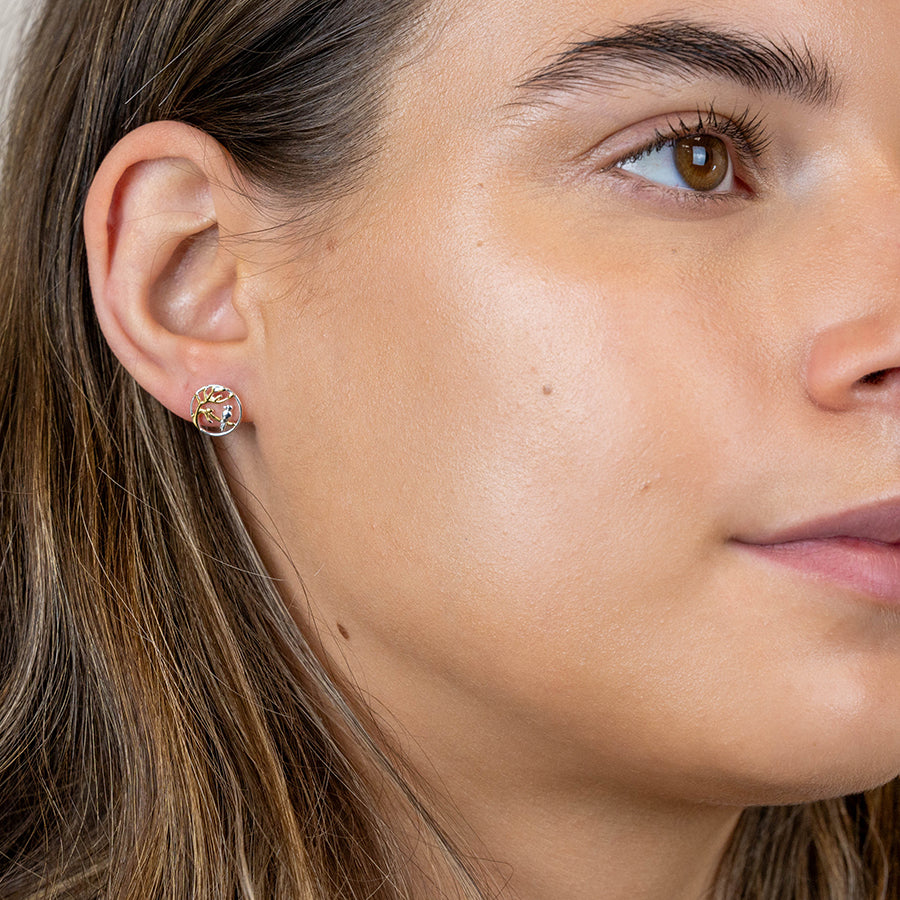 POM Sterling Silver Bird & Tree Stud Earrings with Rose Gold Plating